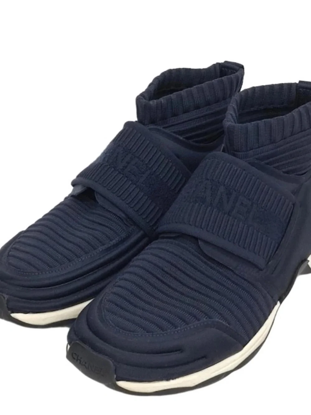 CHANEL Dark Blue Knit High-Top Sneakers